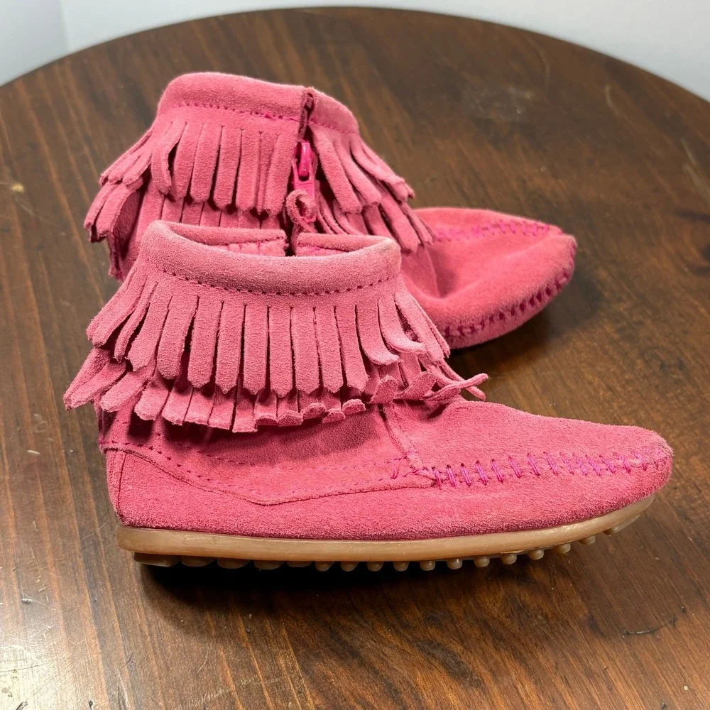 Minnetonka Ankle Boots Girls Size 10 Hot Pink‎ Suede Double Fringe Side Zip 2295